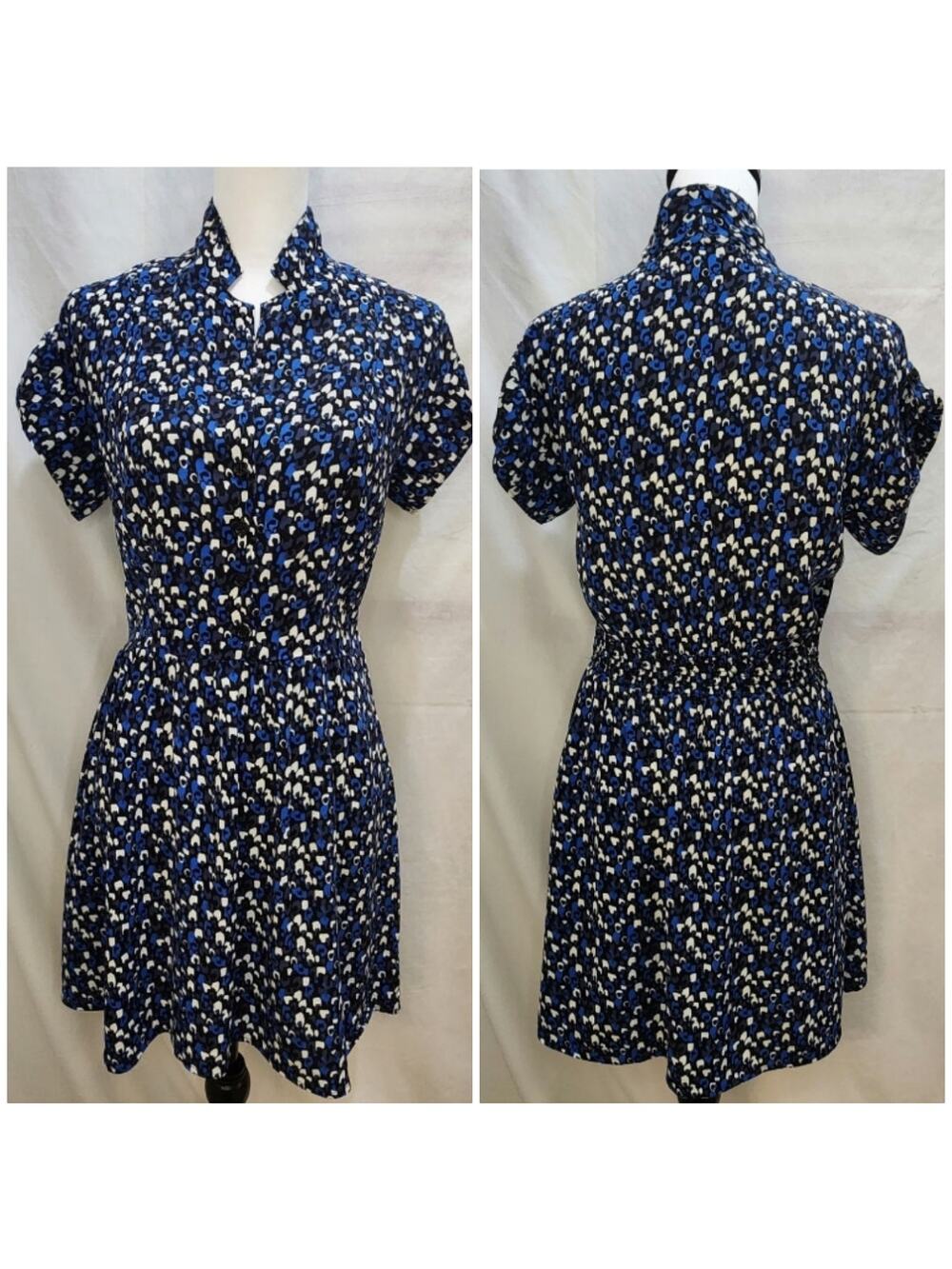I Love H81 Mini Blue Coquette Floral Short Sleeve High Neck Printed Dress, Small